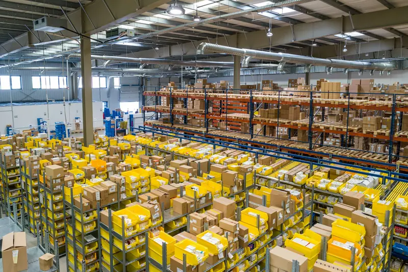 Warehouse shelves stacked with parcels